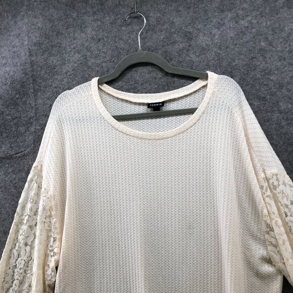 Torrid Waffle Long Sleeve Top Womens 2X Ivory Lace Balloon Sleeve Crewneck - Picture 3 of 9
